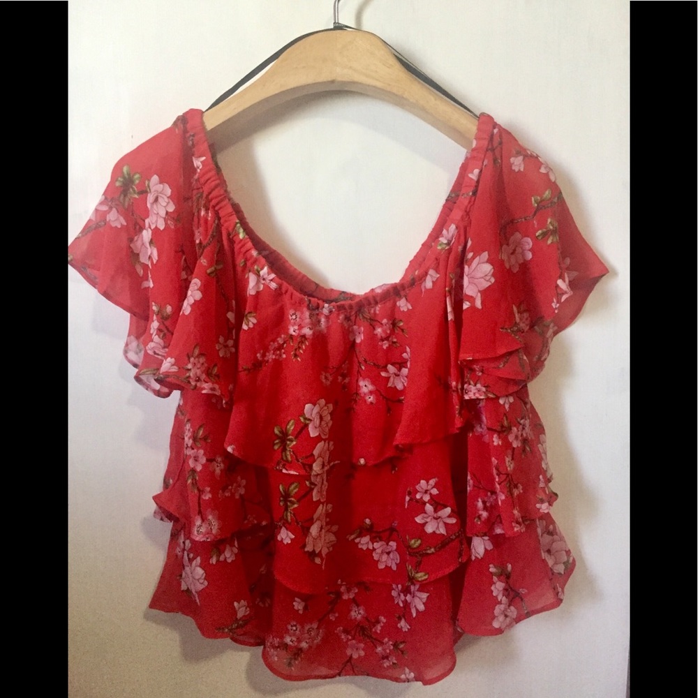 Spring top red kimono floral